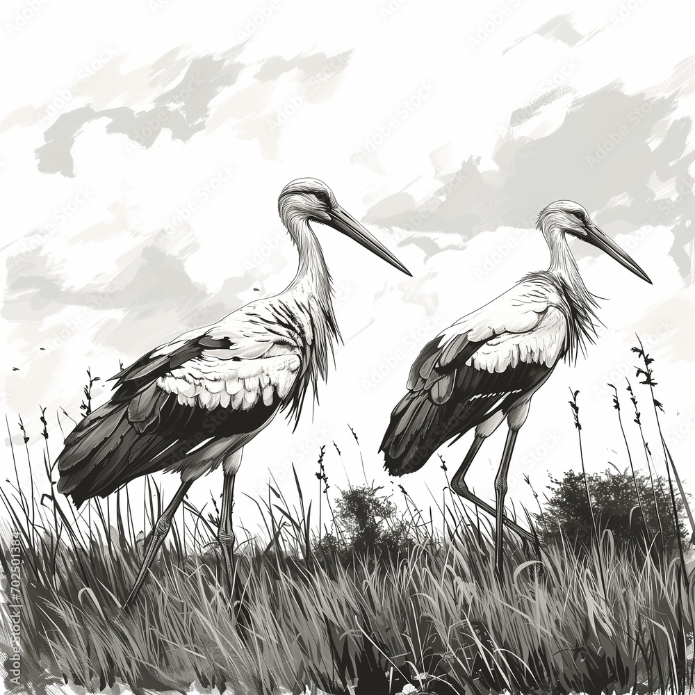 Dessin En Noir Et Blanc D un Couple De Cigognes Blanches ciconia dessin-en-noir-et-blanc-d-un-couple-de-cigognes-blanches-ciconia