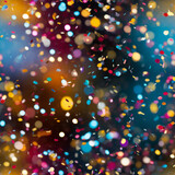 Seamless pattern. Colorful confetti falls in front of colorful lights bokeh background street party scene, carnival celebration, party, new years, holiday concepts -- no people.