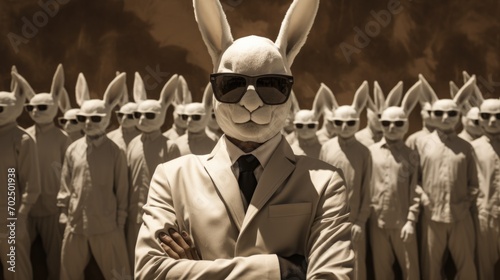 A man in white suit with rabbit ears and sunglasses standing next to a group of men, AI photo