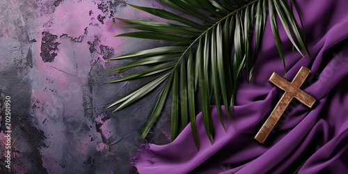 Palm leaf with purple cloth on stone, Palm Sunday
 photo