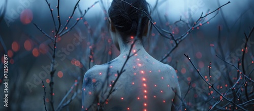 Back of a person with red dots on spine.