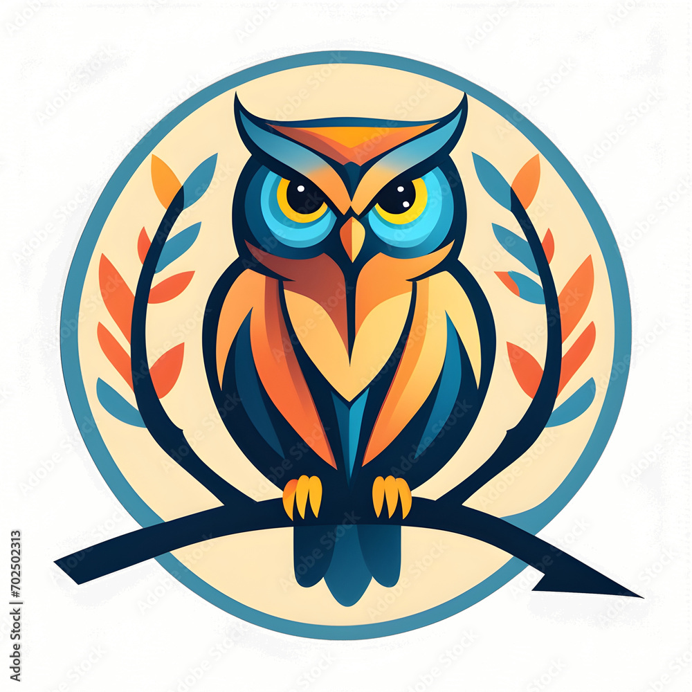 Fototapeta premium Owl on branch, logo owl, sticker