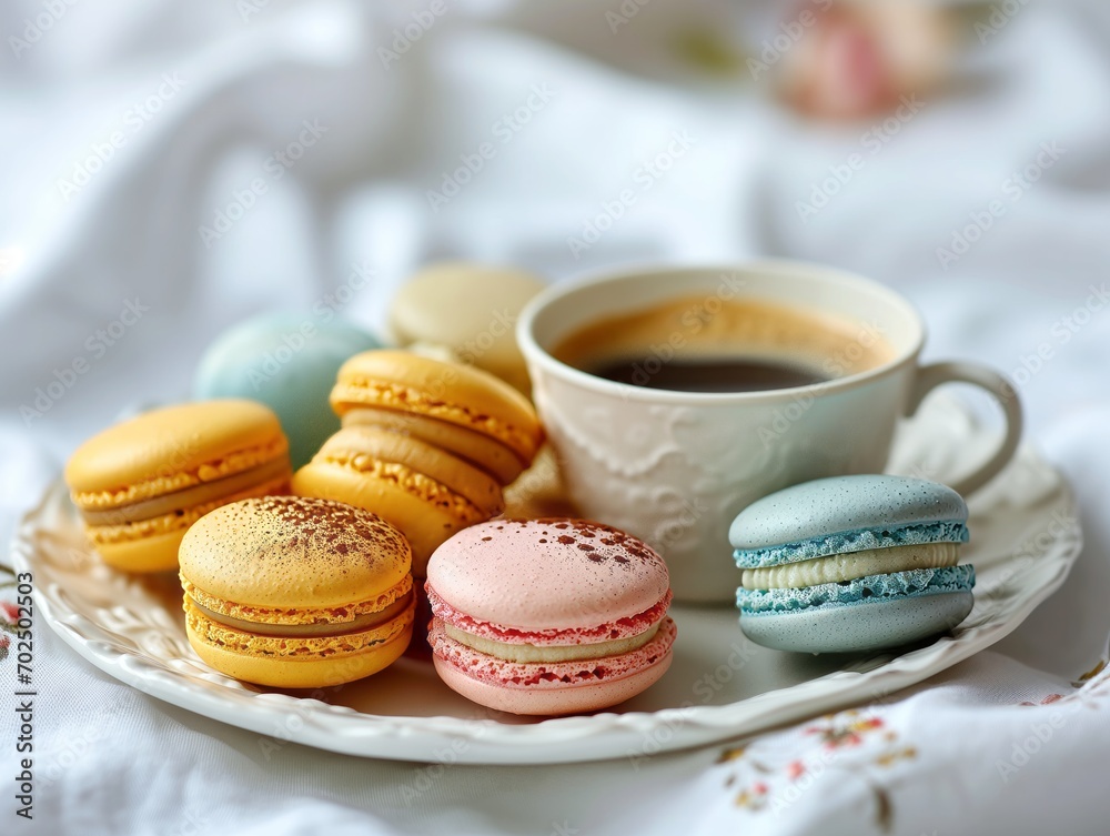 Colorful macarons and coffee on white  plate on white background