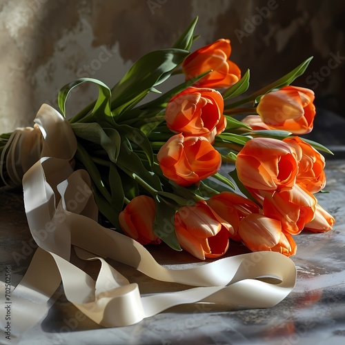 luxury bouquet of peach color tulips with cream ribbon