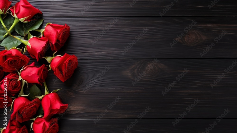 Love and Valentine's day concept made from red rose on black wooden background. Top view with copy space, flat lay - generative ai