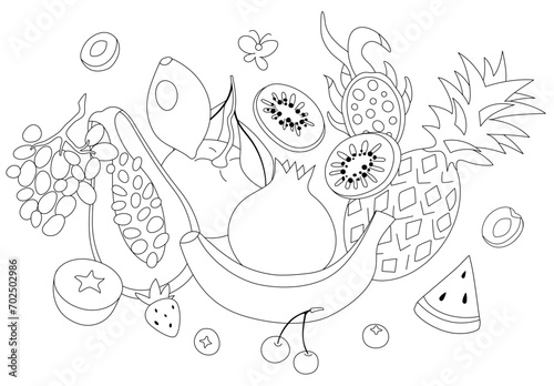 Fresh fruits composition in black and white. Mango, lemon, orange, banana, pomegranate, pineapple, cherry, berry, strawberry, watermelon, pitaya, dragon fruit, kiwi, apricot. Colored page background. 