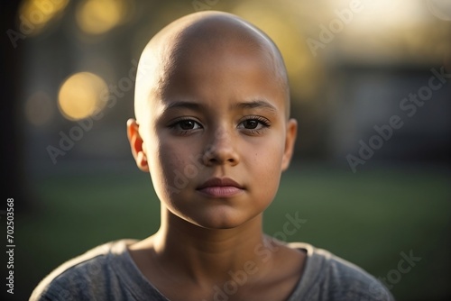 A portrait of brave young girl, her head bald from cancer treatment
