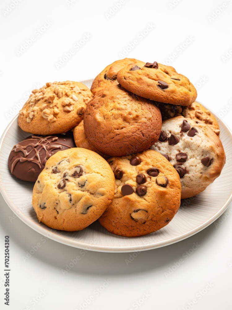 Plate of chocolate chip cookies on white background. Plate of chocolate chip cookies on white background.
