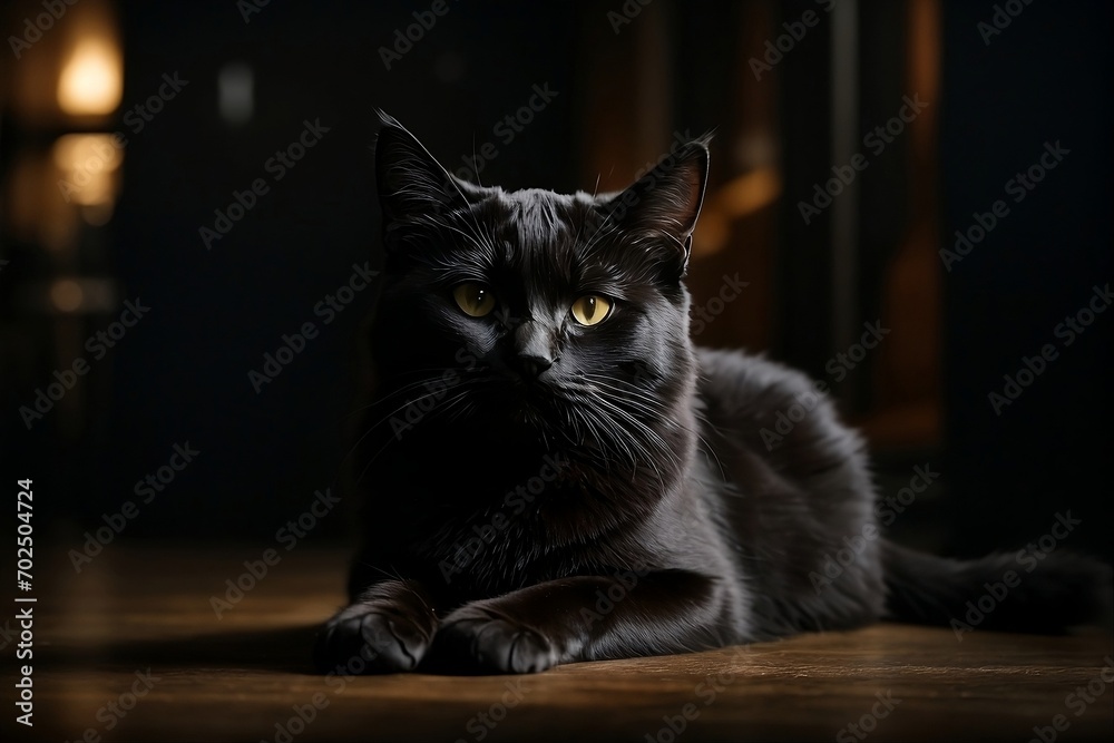 A sleek black cat sits in the shadows, its fur glistening in the dim light, creating a striking contrast against the dark background.