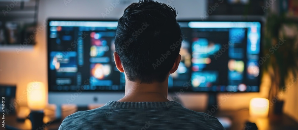 Anxious young Asian man observing ransomware attack words on his computer screen at home from behind. - obrazy, fototapety, plakaty 