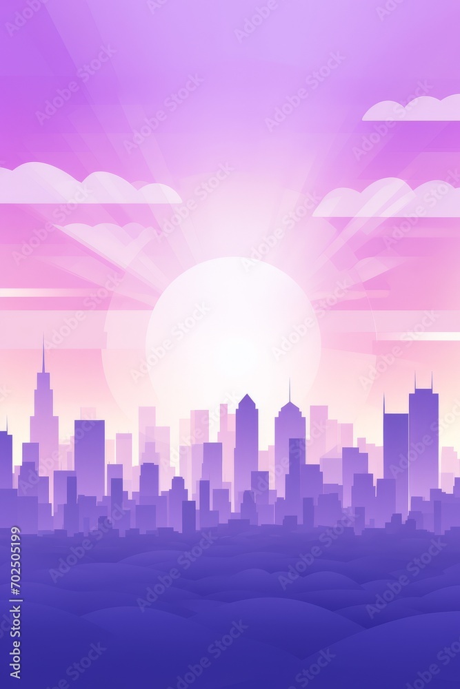 An illustration of a cityscape at sunset with a purple color scheme. 