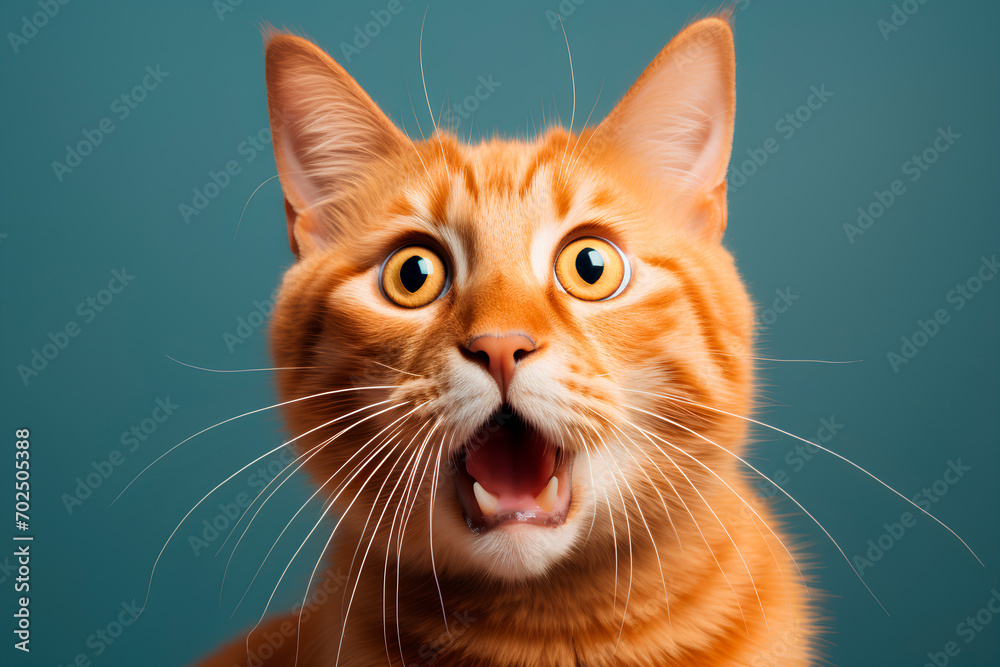 Surprised face of a ginger cat with an open mouth. A beautiful cat