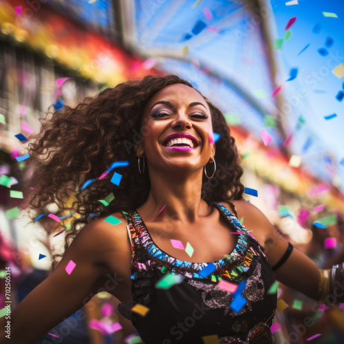 Colorful confetti falls on nighttime carnival mardi gras city street party colorful lights bokeh background with city lights beautiful smiling woman with long hair closeup having fun © Mary Salen
