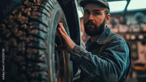 Mechanic in a garage holding a tire, ready to change it on a customers car. © Justlight