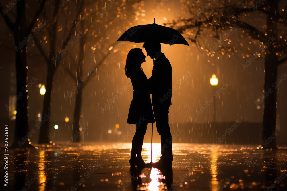 Silhouette of a couple standing under a shared umbrella in the rain ...