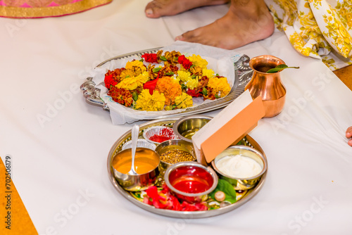 Indian Hindu wedding pooja ceremony ritual items close up