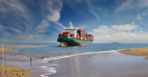 Container ship run aground on sand bar. photo