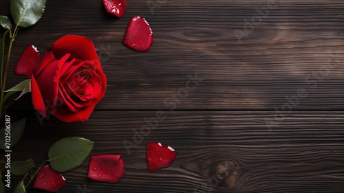 Love and Valentine's day concept made from red rose on black wooden background. Top view with copy space, flat lay - generative ai