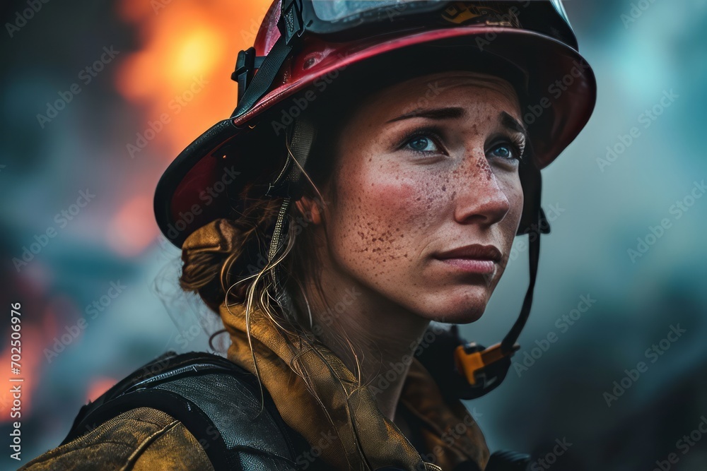 Female firefighter photo portraying resilience and determination Female firefighter photo portraying resilience and determination