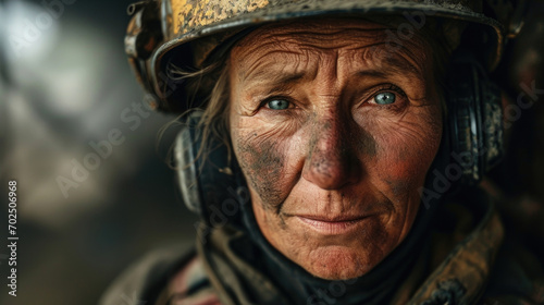 A portrait of the sandblaster with their helmet removed, revealing a determined and focused expression as they take a break from their work. photo