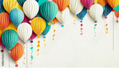 Vibrant party balloons with copy space, in a cut paper collage style. Generative AI

