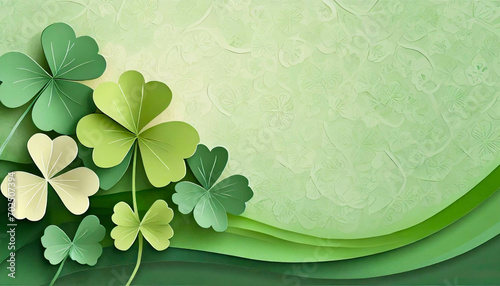Green shamrocks background for Saint Patrick's Day, in a cut paper collage style. Generative AI 