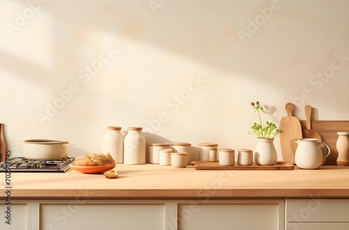 kitchen banner with kitchen utensils, minimalism, Nordic style wood, rays of light, natural light from the window