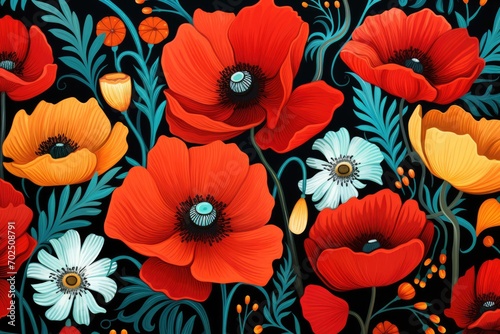 Poppy Garden at Night Pattern Retro Floral Pattern Flowers Clothing Design Vintage Aesthetic Wallpaper Background Backdrop