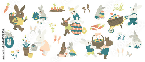 Easter Illustration Pack - Set of easter bunnies, baskets, wheelbarrow, Easter eggs, carrots and flowers