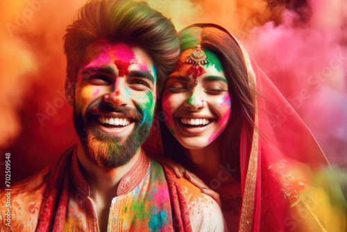 Radiant couple is adorned with bright Holi colors, sharing joy and laughter, embodying the festive spirit of the Holi festival.