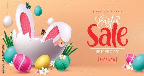 Easter sale text vector banner design. Easter sale special offer discount promo with cracks egg shell and bunny ears decoration elements. Vector illustration easter shopping advertisement banner.
