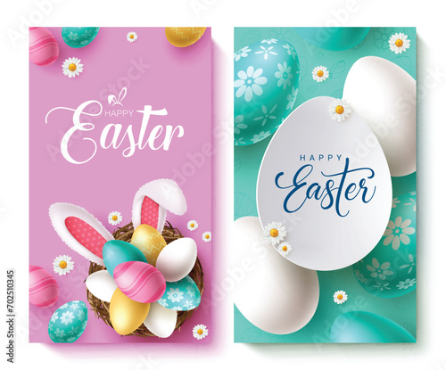 Happy easter text vector poster set. Happy easter greeting text with colorful eggs and cute bunny ears decoration elements for postcard collection. Vector illustration easter seasonal greeting card 