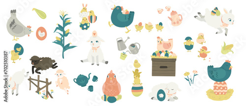 Easter Illustration Pack - Set of Easter lambs, chickens, chicks, Easter eggs, teapots, corn and flowers