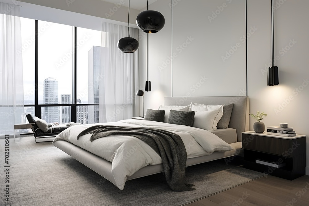 Obraz premium Experience the fusion of style and comfort in this minimalist bedroom, boasting a sleek floating bed frame, hidden lighting, and a soft, muted color palette.