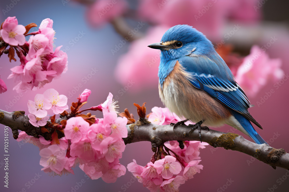 Melodic Harmony: A Soft Songbird Sings Amidst a Colorful Sakura Blossom Tree, Creating a Feathered Symphony in a Fresh Spring Garden