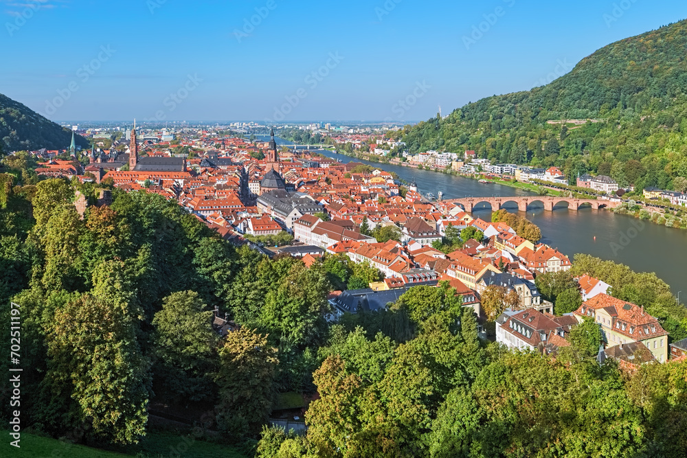 Heidelberg, Germany. High angle view over the Heidelberg Old Town with Jesuit Church, Church of the Holy Spirit and Old Bridge (Karl Theodor Bridge) across the Neckar river.