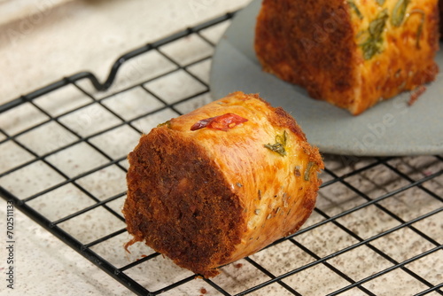 roti abon gulung or Floss Roll Bread Rolls,Asian style bakery pastry treats, sweet and savory	 photo