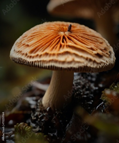 "Captured against a backdrop of fallen leaves, this mushroom stands tall, showcasing its unique shape and earthy tones amidst the woodland's tranquility."