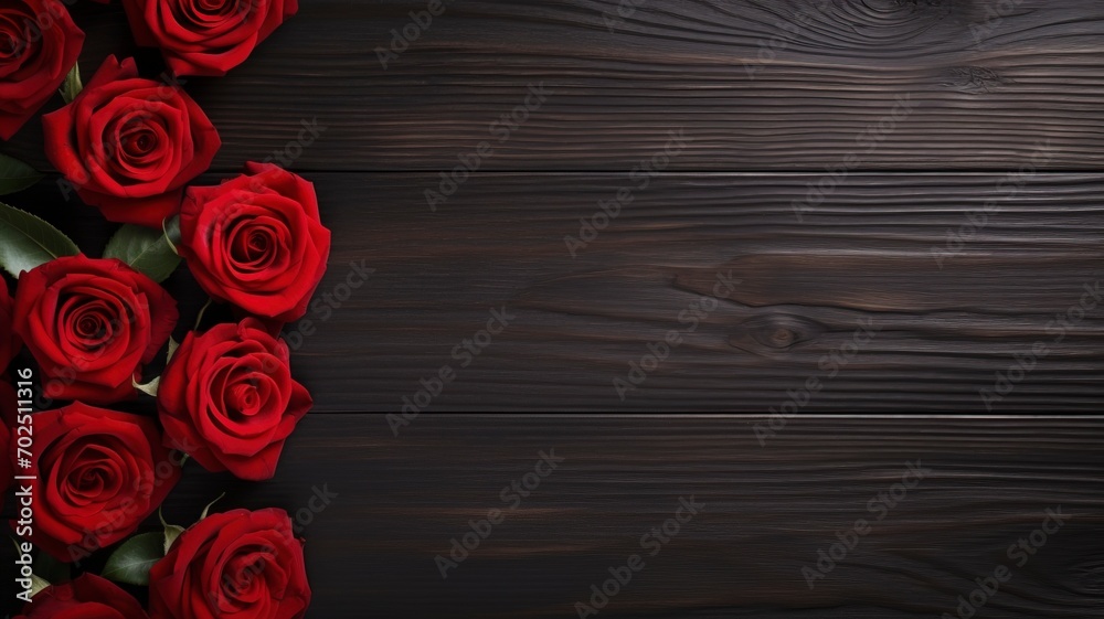 Love and Valentine's day concept made from red rose on black wooden background. Top view with copy space, flat lay - generative ai - obrazy, fototapety, plakaty 