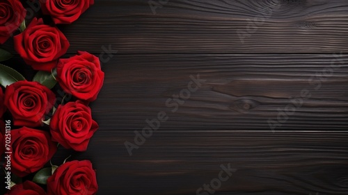 Love and Valentine's day concept made from red rose on black wooden background. Top view with copy space, flat lay - generative ai photo