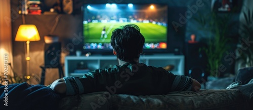 Young man watching soccer on TV at home. © 2rogan