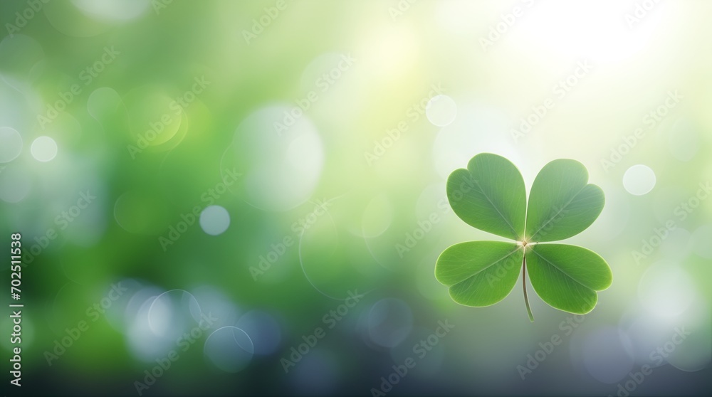 a leave of lucky clover against bokeh background with copy space - obrazy, fototapety, plakaty 