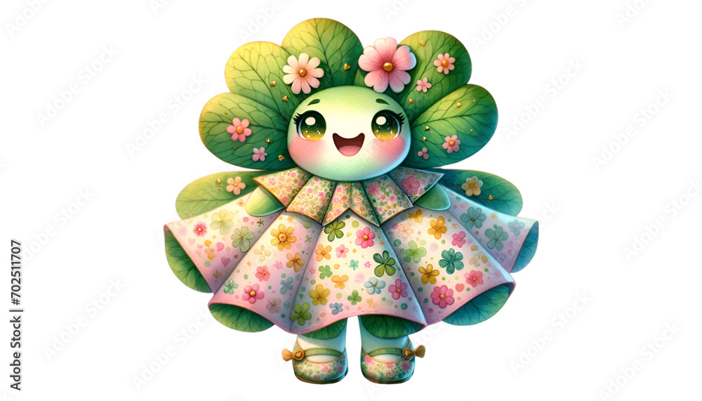 Naklejka premium Watercolor of a clover girl character design, featuring her wearing a cute dress and symbolizing luck. 