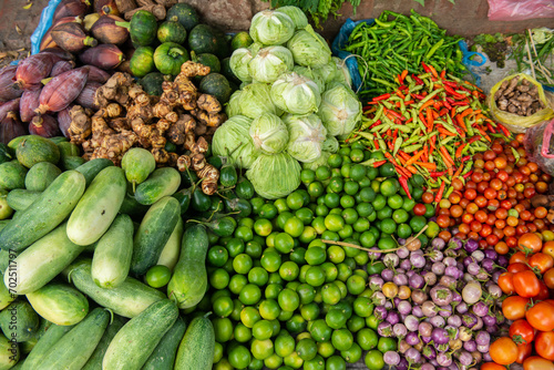 Asian fruits and vegetables sell in local market in Luang Prabang  Laos. Asian market is a local food store that primarily caters to a single particular Asian cultural group.