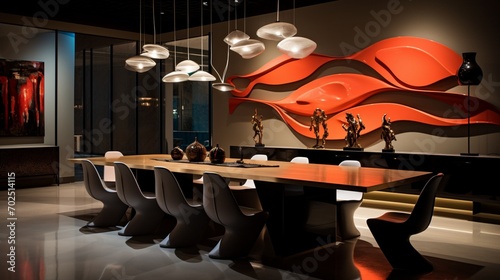 A futuristic dining room with avant-garde lighting fixtures and abstract artwork on the walls.