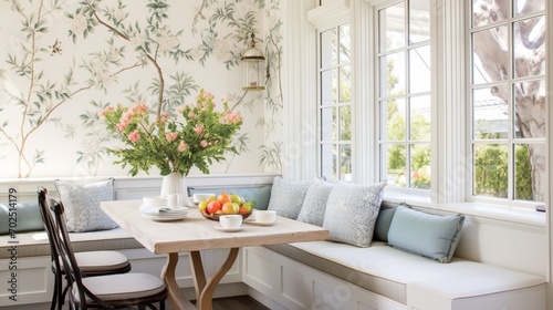 A garden-view breakfast nook with a cozy built-in bench and botanical prints.