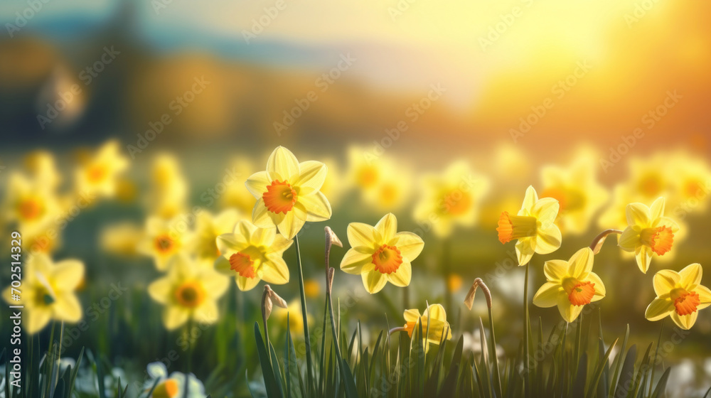 Obraz premium Spring daffodils bathed in the golden light of sunset, symbolizing renewal and hope.