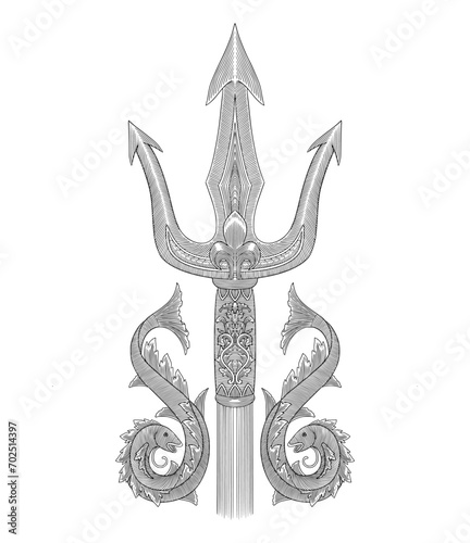 Trident poseidon with fish and floral ornament decoration, vintage engraving illustration