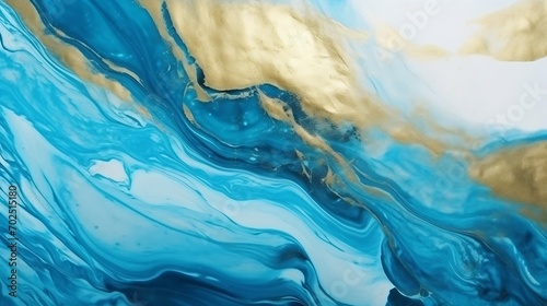 Tidewater alcohol stains of paint with the addition of gold powder. Subtle waves of paint, abstract blue waves of the ocean, lines of marble. Liquid paints, gradient stains, painting. : Generative AI