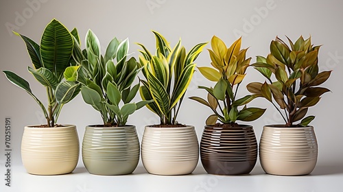 Plants in white ceramic pot: ficus lyrata, Sansevieria, pachira, zz zamioculcas zamiifolia or zanzibar gem plant. Variety of species. Isolated on a white background. : Generative AI